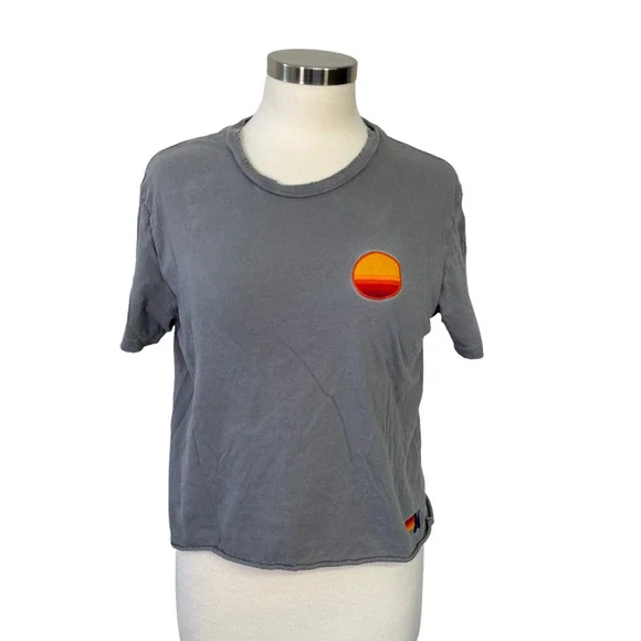 Aviator Nation Gray Short Sleeve Tee with Orange Red Sunset Patch - Picture 1 of 8
